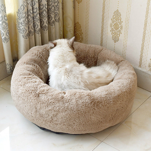 Donut Plush Pet Dog Cat Bed Fluffy Soft Warm Calming Bed Sleeping Kennel Nest